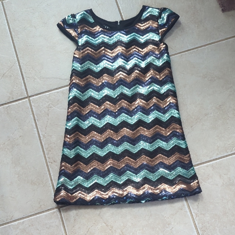 Chevron Sequin Kids Dress Suze 12 Pippa & Julie,Blue Aqua Gold Navy Black